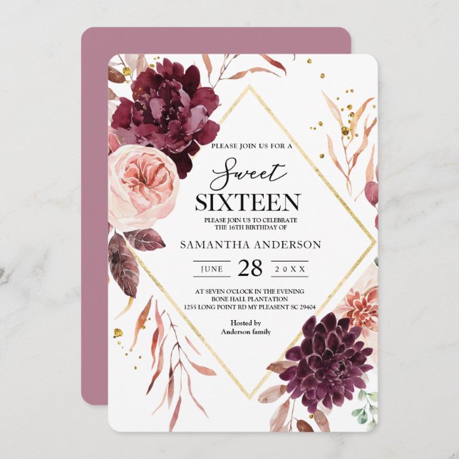 Elegant Gold Frame Floral Red & Pink Invitation (Front/Back)