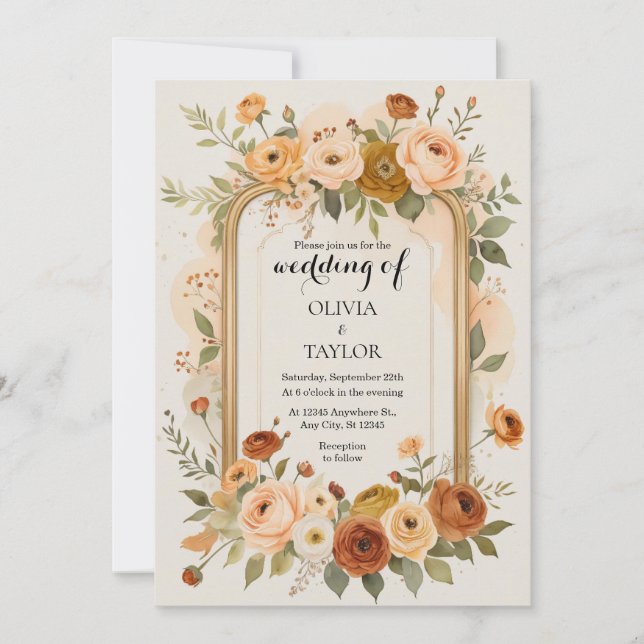 Elegant Gold Frame Floral Wedding Invitation (Front)