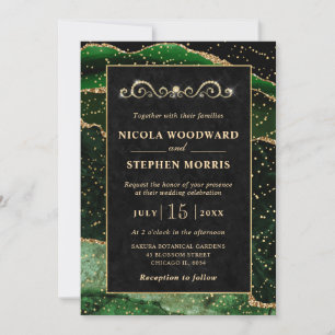 Elegant Gold Frame Green Agate Wedding Invitation