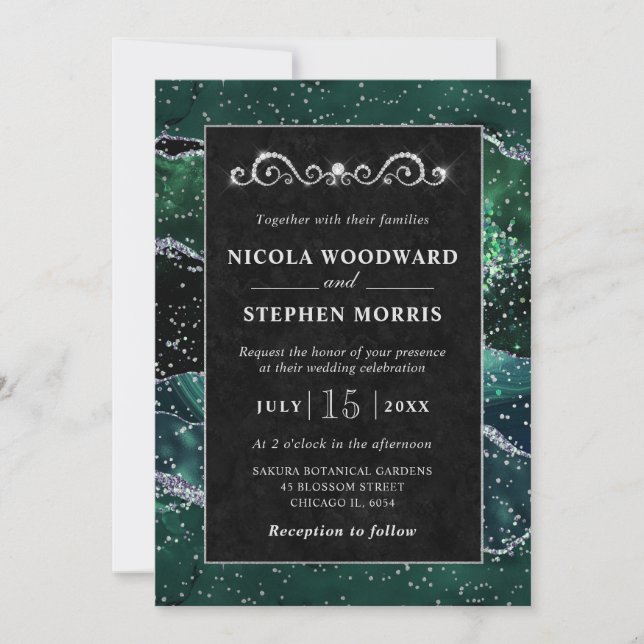 Elegant Gold Frame Green and Silver Agate Wedding Invitation (Front)
