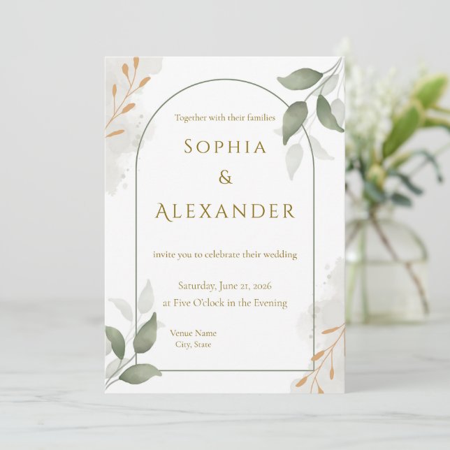 Elegant Gold Frame & Greenery Floral Wedding  Invitation (Standing Front)