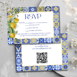 Elegant Gold Frame Italian Blue Tile Lemon Wedding RSVP Card