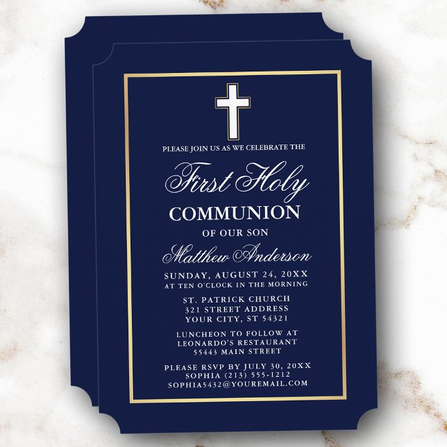 Elegant Gold Frame Navy Blue First Holy Communion Invitation (Customize to change text size, style or color. )