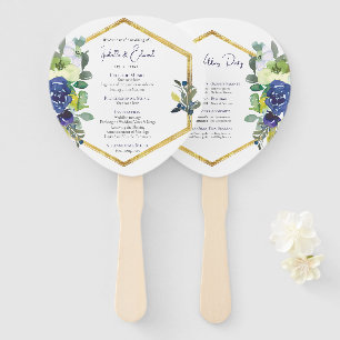 Elegant Gold Frame Navy White Rose Floral Program Hand Fan