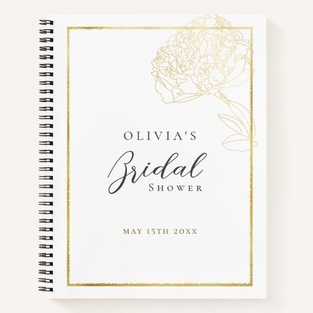 Elegant Gold Frame Peony Bridal Shower Gift List Notebook (Front)