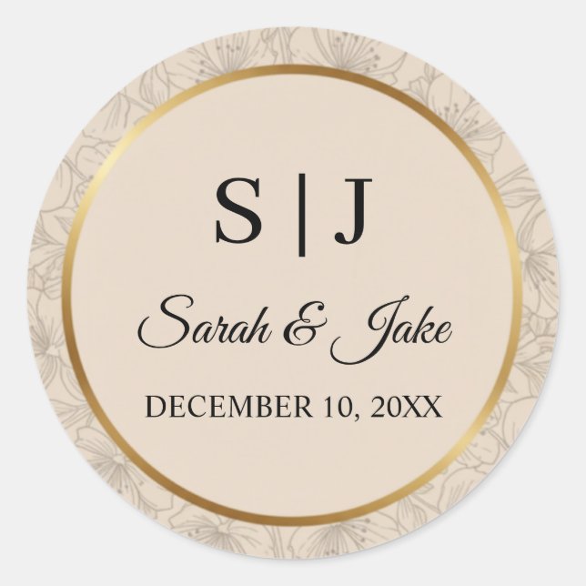 Elegant Gold Frame Personalised Wedding Monogram Classic Round Sticker (Front)