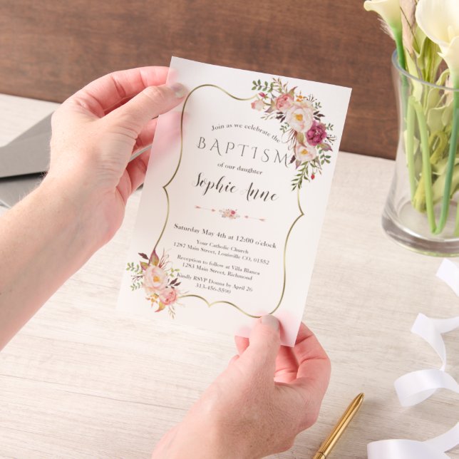 Elegant Gold Frame Pink Blush Flowers Girl Baptism Vellum Invitations (Handheld)