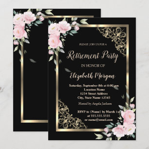 Elegant Gold Frame Pink Flowers Retirement  Invitation