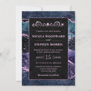 Elegant Gold Frame Purple and Blue Agate Wedding Invitation