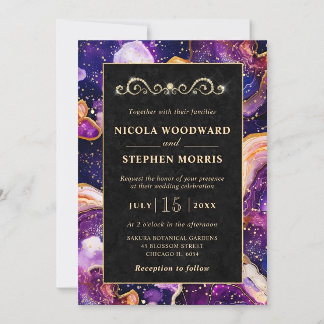 Elegant Gold Frame Purple Celestial Agate Wedding Invitation (Front)