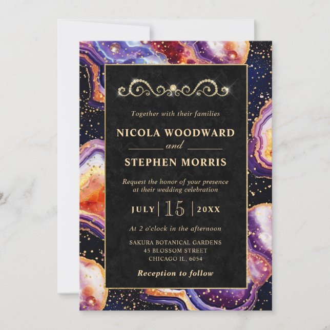 Elegant Gold Frame Purple Celestial Agate Wedding Invitation (Front)