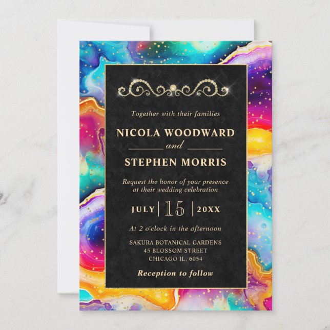 Elegant Gold Frame Rainbow Agate Wedding Invitation (Front)