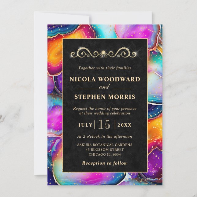 Elegant Gold Frame Rainbow Agate Wedding Invitation (Front)