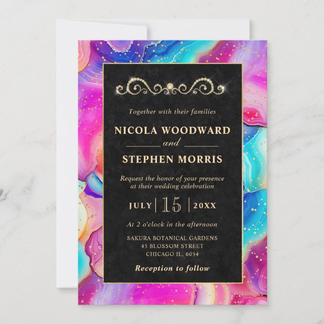 Elegant Gold Frame Rainbow Agate Wedding Invitation (Front)