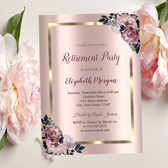 Elegant  Gold Frame,Rose Gold Floral Retirement Invitation (Creator Uploaded)