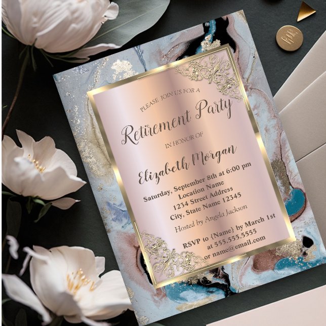 Elegant Gold Frame,Rose Gold,Marble Retirement Invitation (Creator Uploaded)