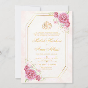 Elegant Gold Frame  Roses Islamic Muslim Wedding Invitation