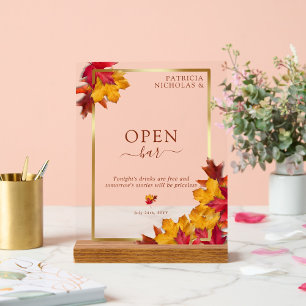 Elegant Gold Frame & Rustic Autumn Charm Open Bar Acrylic Sign