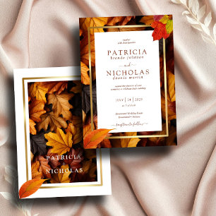 Elegant Gold Frame & Rustic Autumn Charm Wedding Invitation