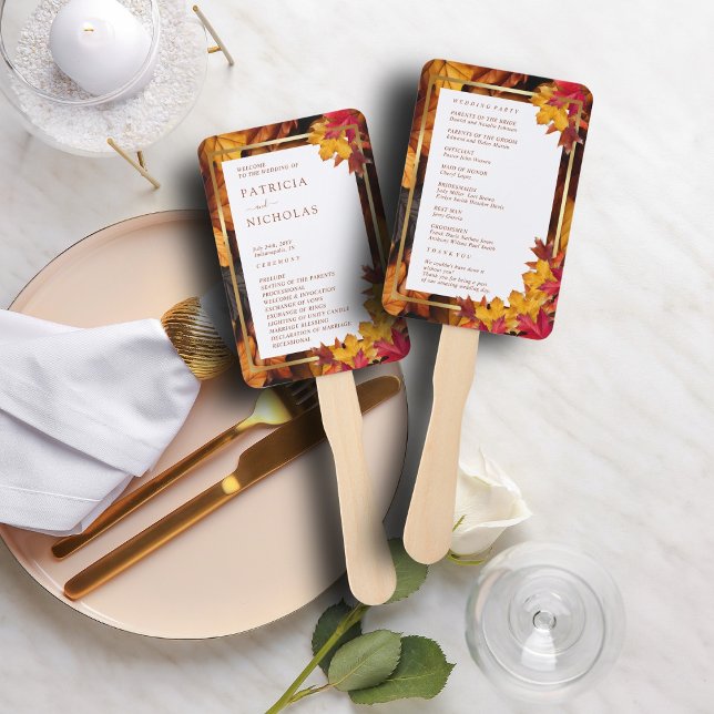 Elegant Gold Frame & Rustic Autumn Wedding Program Hand Fan (Creator Uploaded)