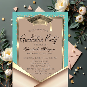 Elegant Gold Frame Sequins Mint Green Graduation Invitation