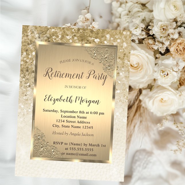 Elegant Gold Frame,Sequins Retirement  Invitation (Creator Uploaded)