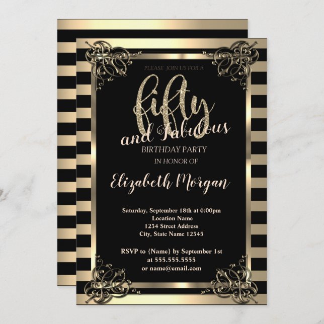 Elegant Gold Frame,Stripes 50th Birthday Party Invitation (Front/Back)