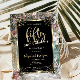 Elegant Gold Frame,Tropical Flowers 50th Birthday Invitation