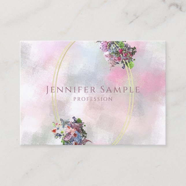 Elegant Gold Frame Watercolor Flowers Top Abstract Business Card (Front)