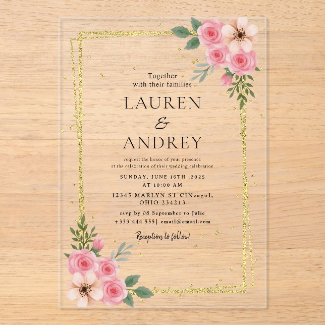 Elegant Gold Frame Wedding  Acrylic Invitations (Front)