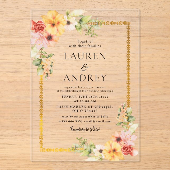 Elegant Gold Frame Wedding  Acrylic Invitations (Front)