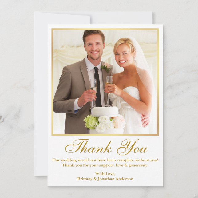 Elegant Gold Frame Wedding Photo Thank You Card (Front)
