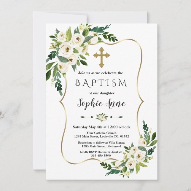 Elegant Gold Frame White Blooming Flowers Baptism Invitation (Front)