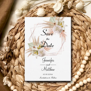 Elegant Gold Frame White Floral Pampas Grass 5x7" Save The Date