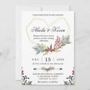 Elegant Gold Frame & Winter Holly Foliage Wedding Invitation