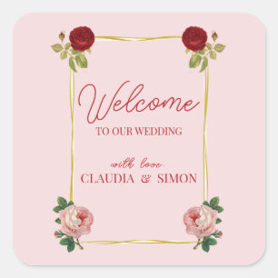 Elegant Gold Frame With Roses Welcome To Wedding Square Sticker