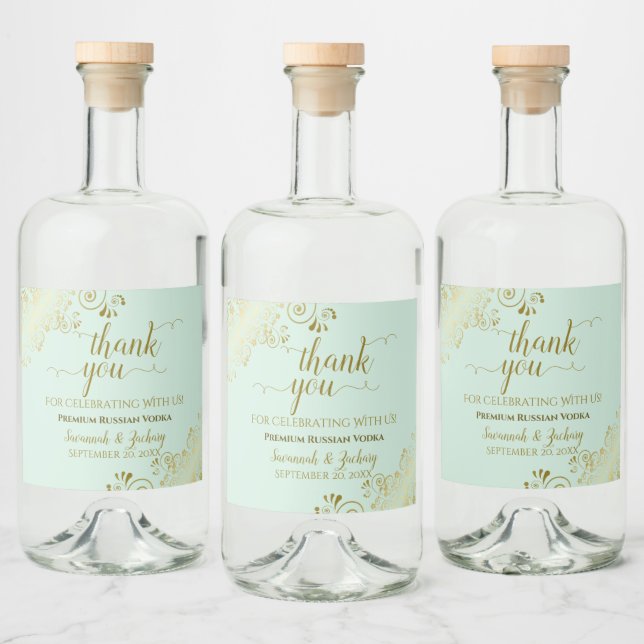 Elegant Gold Frills Mint Green Wedding Thank You Liquor Bottle Label (Bottles)