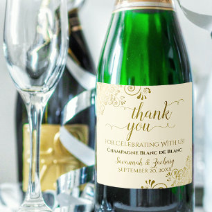 Elegant Gold Frills on Cream Wedding Thank You Sparkling Wine Label