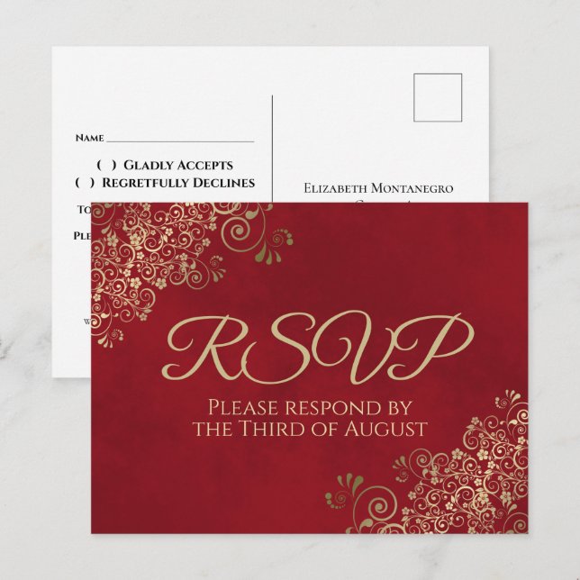 Elegant Gold Frills on Crimson Red Wedding RSVP Postcard (Front/Back)