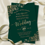 Elegant Gold Frills on Emerald Green Wedding<br><div class="desc">This beautiful wedding invitation features real foil printing on an emerald green background. The beautiful design has lacy script calligraphy with fancy floral filigree in the corners. Stylish,  elegant,  sophisticated,  and chic,  this invitation is fancy and glam.</div>