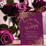 Elegant Gold Frills on Magenta Purple Wedding Save The Date<br><div class="desc">These beautiful save the date cards will let your friends and family know about your upcoming wedding. They feature an elegant cassis purple and gold design with lacy frills in the corners and fancy script calligraphy reading Save the Date with the names of the couple, wedding date and location. The...</div>