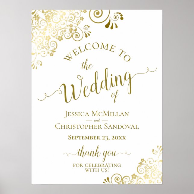 Elegant Gold Frills on White Wedding Welcome Poster (Front)