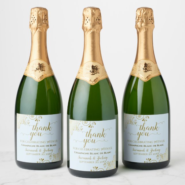 Elegant Gold Frills Powder Blue Wedding Thank You Sparkling Wine Label (Bottles)