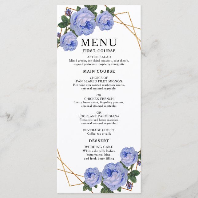 Elegant Gold Geometric Blue Floral Boho Wedding Menu (Front)