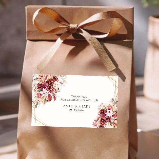 Elegant Gold Geometric Burgundy Floral Wedding  Rectangular Sticker (Creator Uploaded)