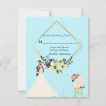 Elegant Gold Geometric Dusty Blue RSVP Card