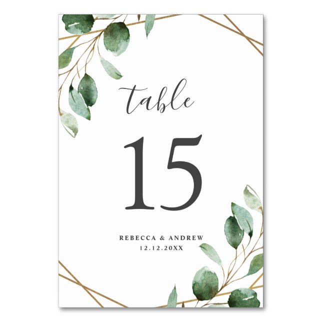 Elegant Gold Geometric Eucalyptus Greenery Wedding Table Number (Front)