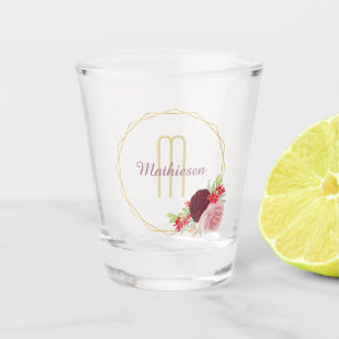 Elegant Gold Geometric Floral Frame Monogram Shot Glass