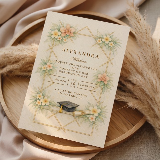 Elegant Gold Geometric Floral Graduation Celebrati Invitation (Creator Uploaded)