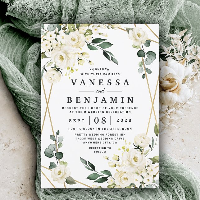Elegant Gold Geometric Floral Greenery Wedding Invitation (Creator Uploaded)
